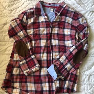 Red plaid w jean accent and leather elbow detail